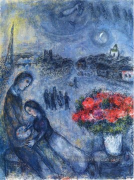 Jeunes mariés avec Paris en arrière plan MC juif Peinture à l'huile
